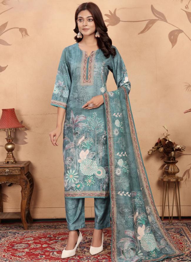 Cotton Sky Blue Traditional Wear Printed Readymade Kurti Set